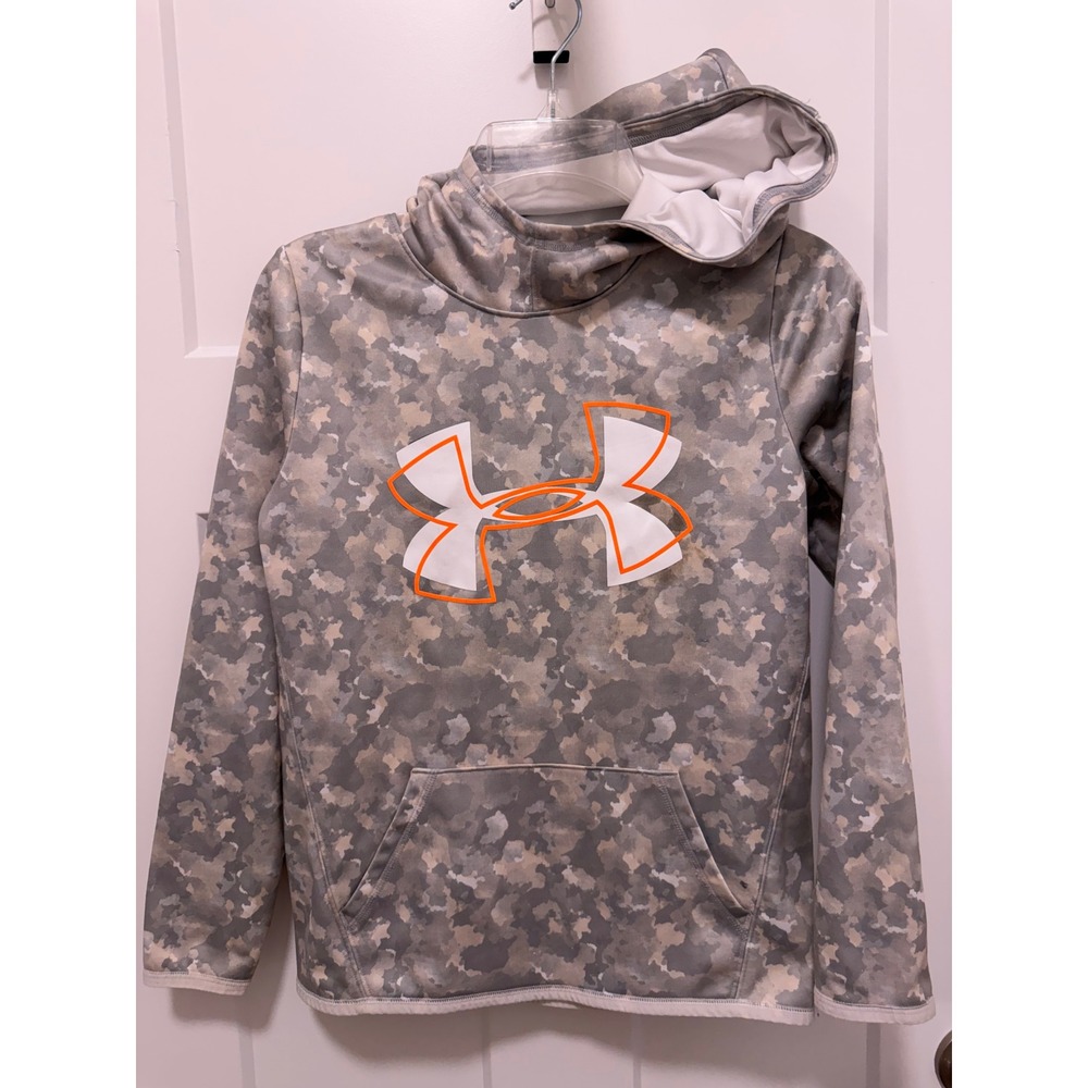 Under Armour Boys ColdGear Camo Hoodie Gray Orange Logo Pullover YXL